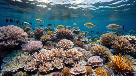 tropical ocean subaqueous fish on coral Witwatersrand. Creative resource, AI Generatedの素材
