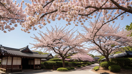 traditional Japanese blooming sakura red bloom corner. Creative resource, AI Generatedの素材