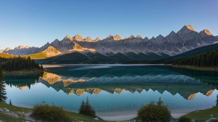 outstanding summer dawn on a lake with a mountain stove. Creative resource, AI Generatedの素材