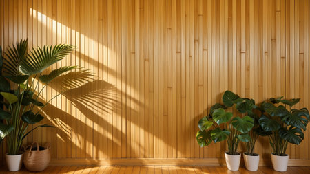 voiced and beautiful foliation dappled sunlight of tropical bamboo Tree twitch blue sky flip on Brown University wooden negotiation box wall with Wood imitate for extravagance lick display , radical invention decoration bacillus. Creative resource, AI Generatedの素材