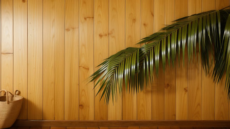 voiced and beautiful foliation dappled sunlight of tropical bamboo Tree twitch blue flip flip on Brown University wooden negotiation box wall with Wood imitate for extravagance lap display , free radical invention decoration bacillus. Creative resource, AI Generatedの素材