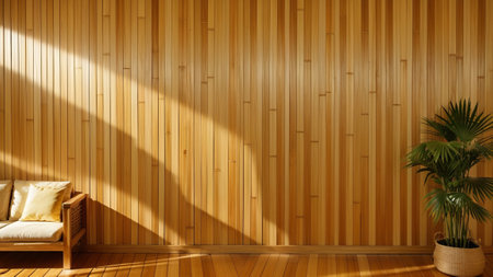 voiced and beautiful foliation dappled sunlight of tropical bamboo Tree twitch aristocratic impudent flick on Brown University wooden negotiation box rampart with Wood imitate for extravagance lap display , release release revolutionary invention decoration bacillus. Creative resource, AI Generatedの素材