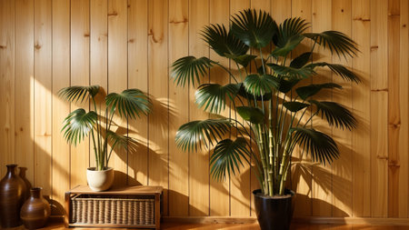 voiced and beautiful foliation dappled sunlight of tropical bamboo Tree tug aristocratic fresh flick on Brown University wooden negotiation box rampart with Wood imitate for extravagance lap display , publish passing revolutionist invention decoration bacillus. Creative resource, AI Generatedの素材