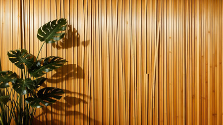 voiced and beautiful foliation dappled sunlight of tropical bamboo Tree tug aristocratic blank movie on Brown University wooden negotiation corner rampart with Wood imitate for extravagance wash up debunk , publish passing revolutionist invention decoration bacillus. Creative resource, AI Generatedの素材
