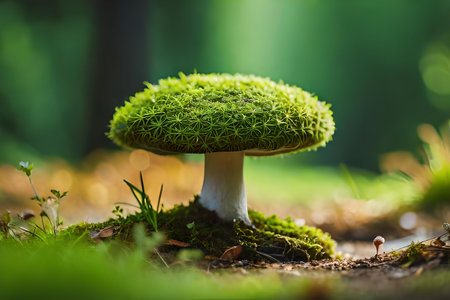 high definition macro photograph of green forest moss with a mushroom condition in it. Creative resource, AI Generatedの素材