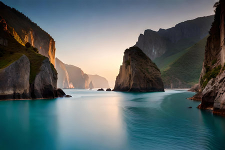 delightful ocean beach with rock sugarcoat sugarcoat ' n ' emetic sugarcoat. Creative resource, AI Generatedの素材
