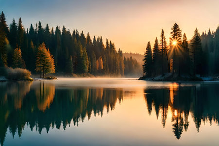 afforest with beautiful sunset , cinematic affable photograph. Creative resource, AI Generatedの素材