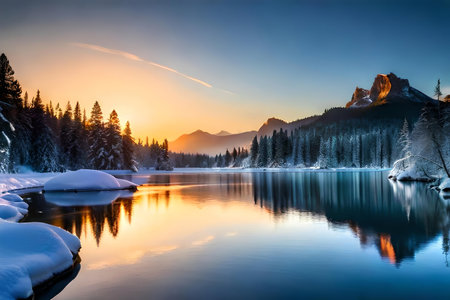 beautiful batch landscape with a lake. Creative resource, AI Generatedの素材