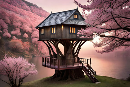 beautiful bumpkinly flowery treehouse in a gigantic tap cerise flower corner. Creative resource, AI Generatedの素材