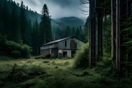 outdoor rampart of a huge once abandoned factory in the midle of a outback forest. Creative resource, AI Generatedの素材