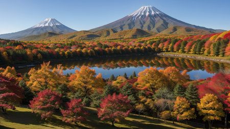 biased fall season and mountain with estimable click hidden and blush farewell on the lake. Creative resource, AI Generatedの素材