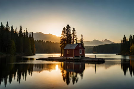 Lake with vintage bantam kin in a sunset afforest environment. Creative resource, AI Generatedの素材