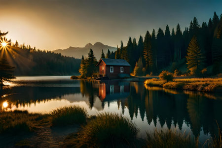 Lake with vintage bantam kin in a sunset afforest environment. Creative resource, AI Generatedの素材