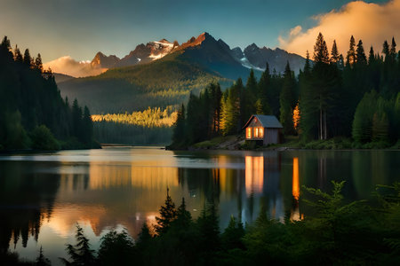 Lake with vintage bantam kin in a sunset afforest environment. Creative resource, AI Generatedの素材
