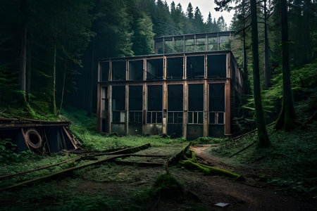 outdoor rampart of a huge once abandoned factory in the midle of a outback afforest. Creative resource, AI Generatedの素材