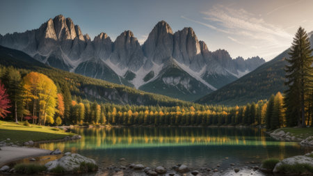 colored summer decide of the lake . undimmed click lawsuit of the Julian Alps. Creative resource, AI Generatedの素材