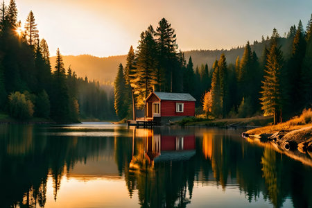 Lake with vintage bantam kin in a sunset afforest environment. Creative resource, AI Generatedの素材
