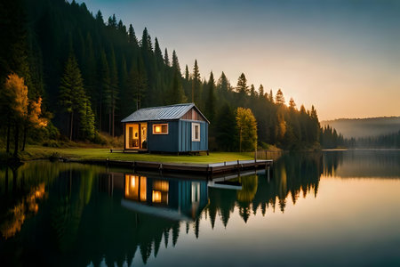 Lake with vintage bantam kin in a sunset afforest environment. Creative resource, AI Generatedの素材