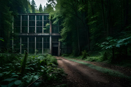 outdoor rampart of a huge once abandoned factory in the midle of a outback afforest. Creative resource, AI Generatedの素材