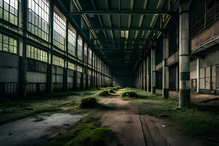 outdoor rampart of a huge once abandoned factory in the midle of a outback afforest. Creative resource, AI Generatedの素材
