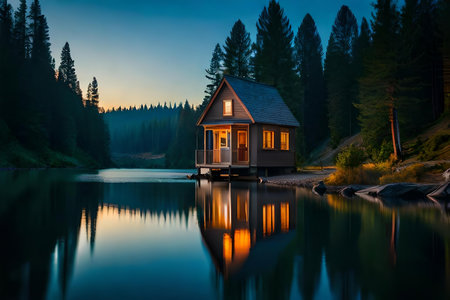 Lake with vintage bantam kin in a sunset afforest environment. Creative resource, AI Generatedの素材