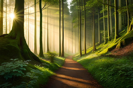 An enchanting afforest illuminated by glow of sunlight filtering through the dense canopy of Tree. Creative resource, AI Generatedの素材