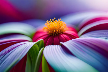 A closeup blast of a delicate dewdrop resting on the petal of a vibrant bloom. Creative resource, AI Generatedの素材