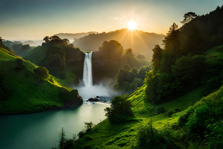 A imperial waterfall surrounded by alcoholic greenery and obscure , showcasing the baron and beauty of nature. Creative resource, AI Generatedの素材