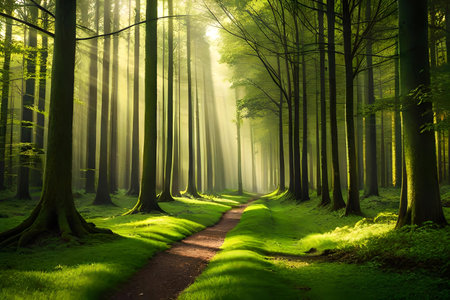 An enchanting afforest illuminated by beam of sunlight filtering through the dense canopy of tree. Creative resource, AI Generatedの素材