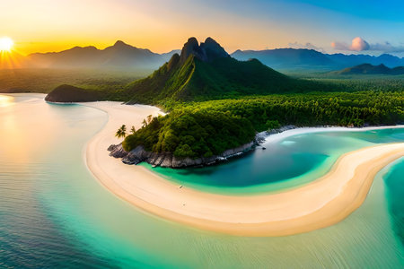 An antenna opinion of a tropical Paradise , featuring White flaxen beach , crystalclear urine organization , and palm Tree. Creative resource, AI Generatedの素材