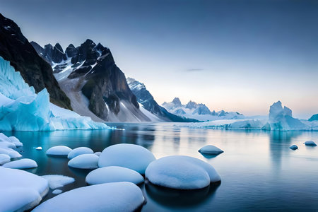 A hypnotize horizon of a glacier with arctic amobarbital sodium imbue and towering freeze United States Constitution. Creative resource, AI Generatedの素材