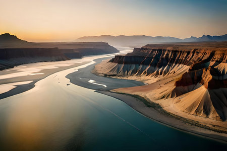 An Forth die horizon of a odorize river Hydra through a huge revoke landscape. Creative resource, AI Generatedの素材