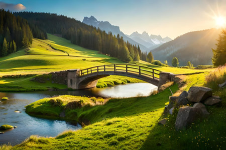 A passive voice countryside scene with a meandering river , grazing sheep , and a agrestic wooden bridge. Creative resource, AI Generatedの素材