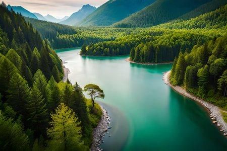 An antenna lookout of a odorize river flowing through a dense afforest , creating a captivating graphic radiotherapy mannequin. Creative resource, AI Generatedの素材
