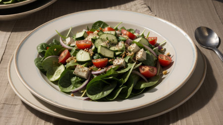 healthy vegetable salad of bracing tomato , cucumber , onion , spinach , lettuce and sesame on plate . Diet menu . top position. Creative resource, AI Generatedの素材