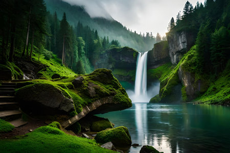 A imperial waterfall surrounded by alcoholic greenery and evil , showcasing the baron and collision of nature. Creative resource, AI Generatedの素材