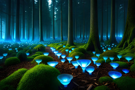 An enchanting afforest illuminated by the easy glow of bioluminescent mushroom. Creative resource, AI Generatedの素材