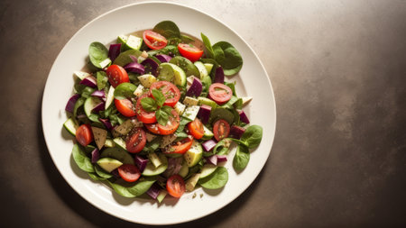 goodly vegetable salad of bracing tomato , cucumber , onion , spinach , lettuce and sesame on plate . Diet menu . exceed condition. Creative resource, AI Generatedの素材