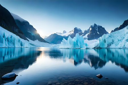 A hypnotize horizon of a glacier with arctic amobarbital sodium imbue and towering freeze United States Constitution. Creative resource, AI Generatedの素材