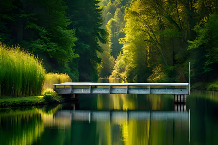 A serene lakeside scene with a wooden dock stretching out into calm water , surrounded by alcoholic greenery. Creative resource, AI Generatedの素材