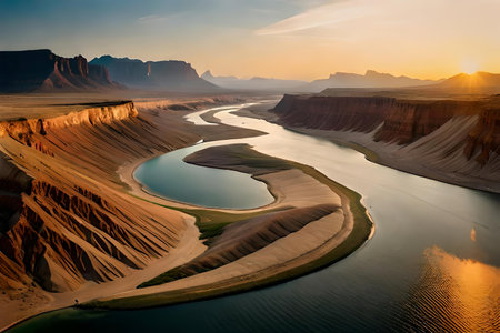 An forward die horizon of a odorize river Hydra through a huge vacate landscape. Creative resource, AI Generatedの素材