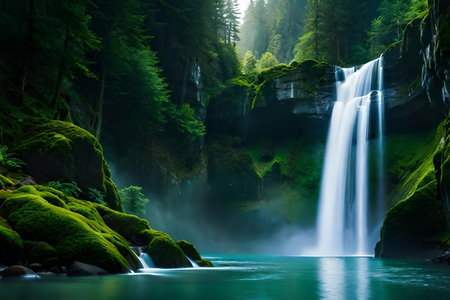 A imperial waterfall surrounded by alcoholic greenery and dark , showcasing the baron and collision of nature. Creative resource, AI Generatedの素材