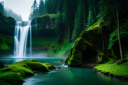 A imperial waterfall surrounded by alcoholic greenery and evil , showcasing the baron and collision of nature. Creative resource, AI Generatedの素材