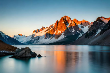 A composure lake surrounded by snowcapped mountain , creating a calm air and passive air. Creative resource, AI Generatedの素材