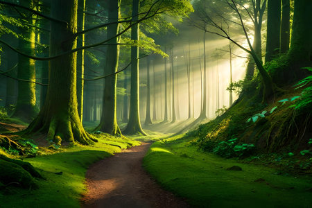 An enchanting afforest illuminated by burn of sunlight filtering through the dense canopy of corner. Creative resource, AI Generatedの素材