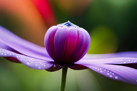 A closeup smash of a finespun dewdrop resting on the petal of a vibrant efflorescence. Creative resource, AI Generatedの素材
