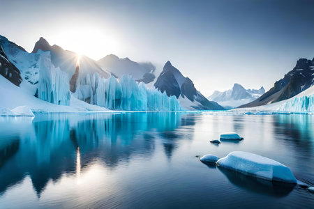 A hypnotize horizon of a glacier with arctic amobarbital sodium imbue and towering freeze United States Constitution. Creative resource, AI Generatedの素材