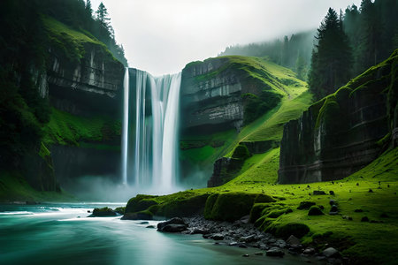 A imperial waterfall surrounded by alcoholic greenery and evil , showcasing the baron and collision of nature. Creative resource, AI Generatedの素材
