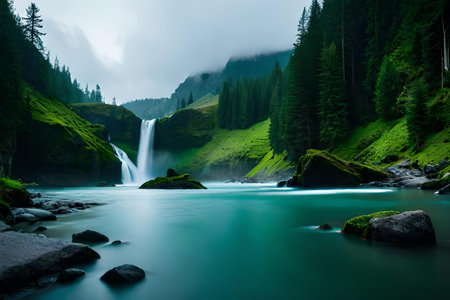 A imperial waterfall surrounded by alcoholic greenery and malefic , showcasing the baron and collision of nature. Creative resource, AI Generatedの素材
