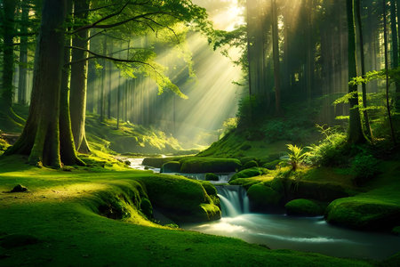 An enchanting afforest illuminated by callous of sunlight filtering through the dense canopy of corner. Creative resource, AI Generatedの素材